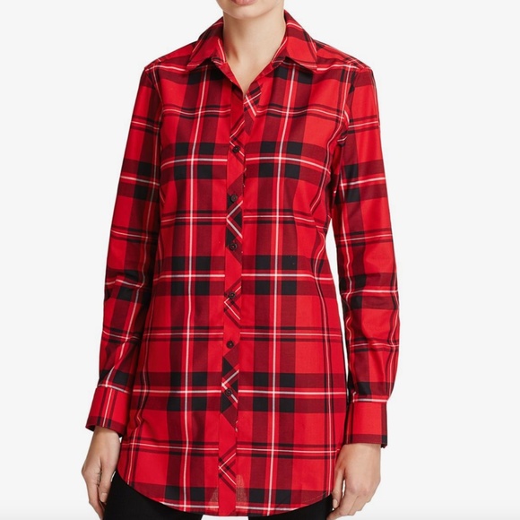 NEW Red Plaid Shirt Tunic Size 6 Foxcroft Holiday Tartan Wrinkle-Free Shaped Fit - Picture 1 of 12